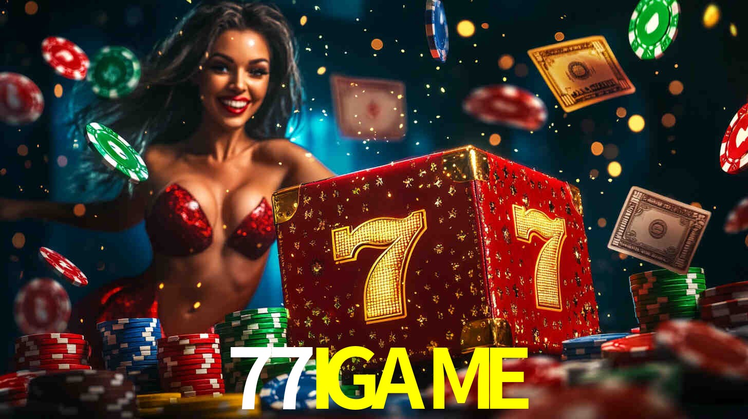 Escena dinámica inspirada en casino con iluminación 77IGAME, cartas, fichas e íconos de juegos digitales en un espacio moderno de juegos.