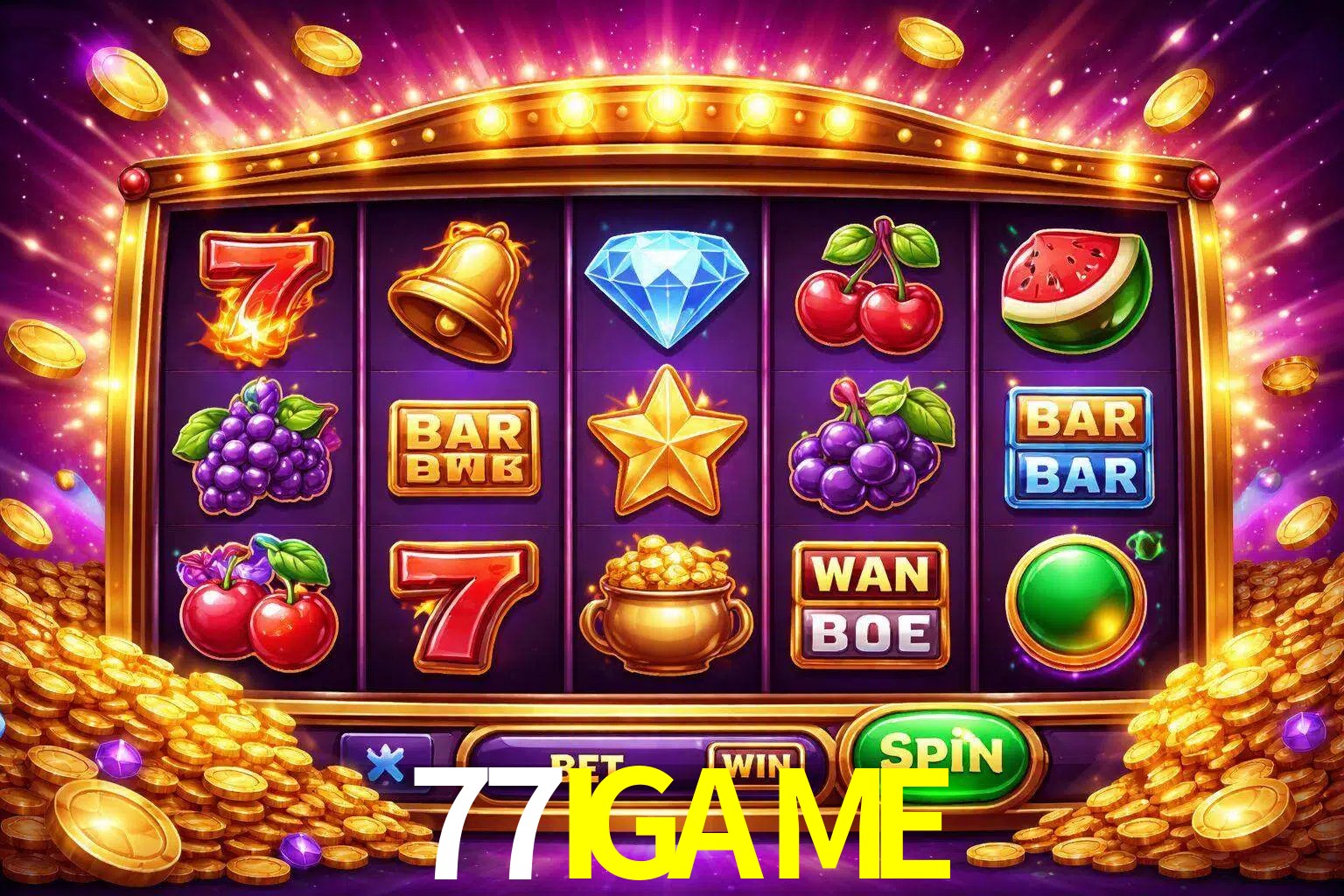Una interfaz colorida de tragamonedas en línea con símbolos brillantes, monedas y un efecto de victoria celebratoria en 77IGAME.