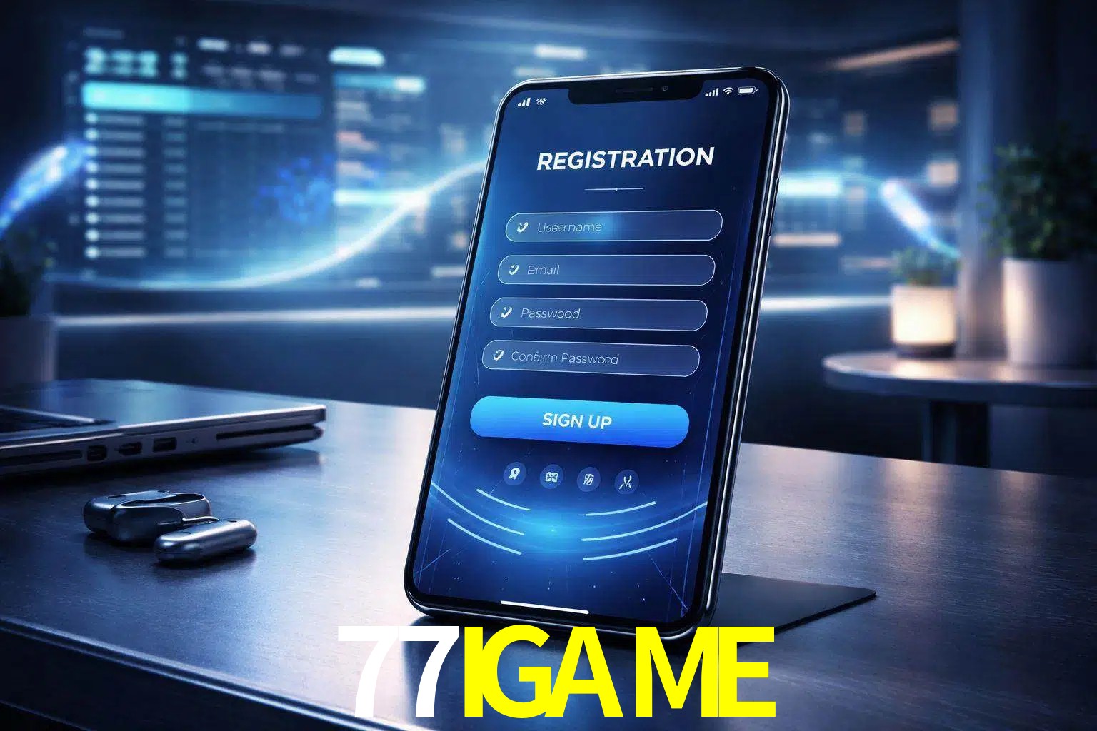 Una interfaz moderna de registro móvil para 77IGAME mostrada en un smartphone con un panel de apuestas elegante.